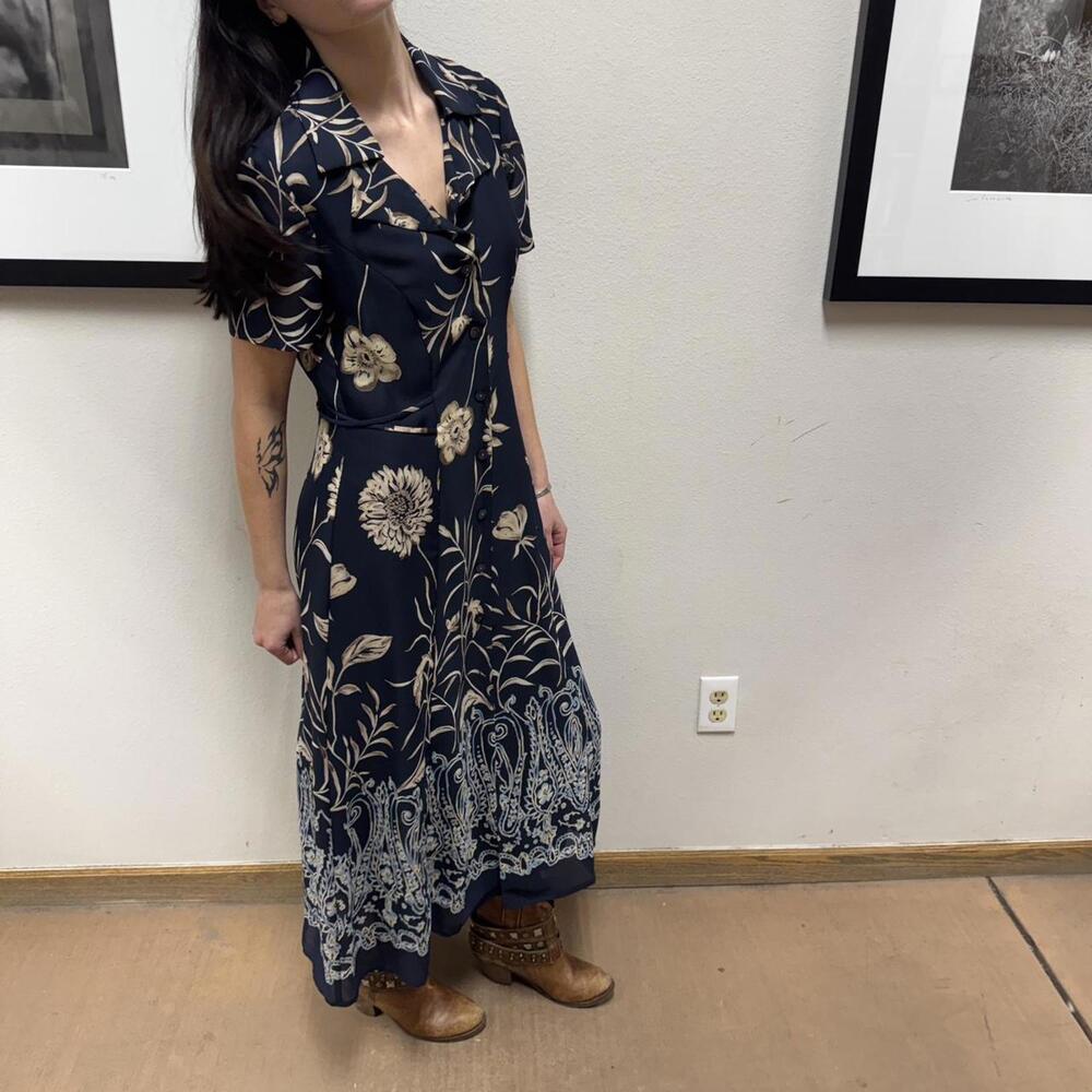 Y2K Mom Core Leslie Fay Floral Button Front Midi Dress Navy Beige 6P